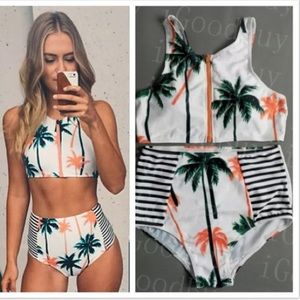palm tree high waisted zipper bikini